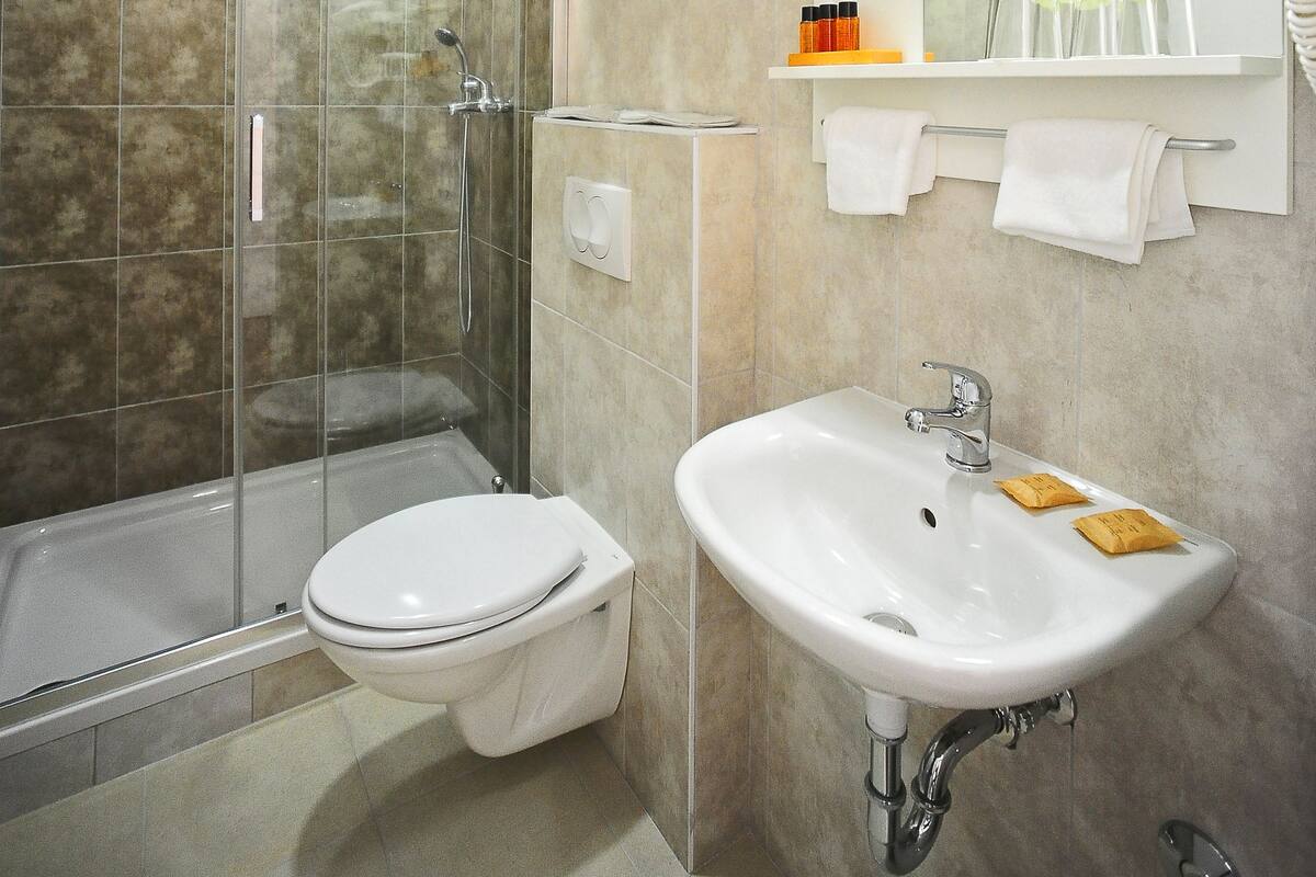 A modern bathroom with a glass-enclosed shower, a white toilet, and a sink with a mirror above it.