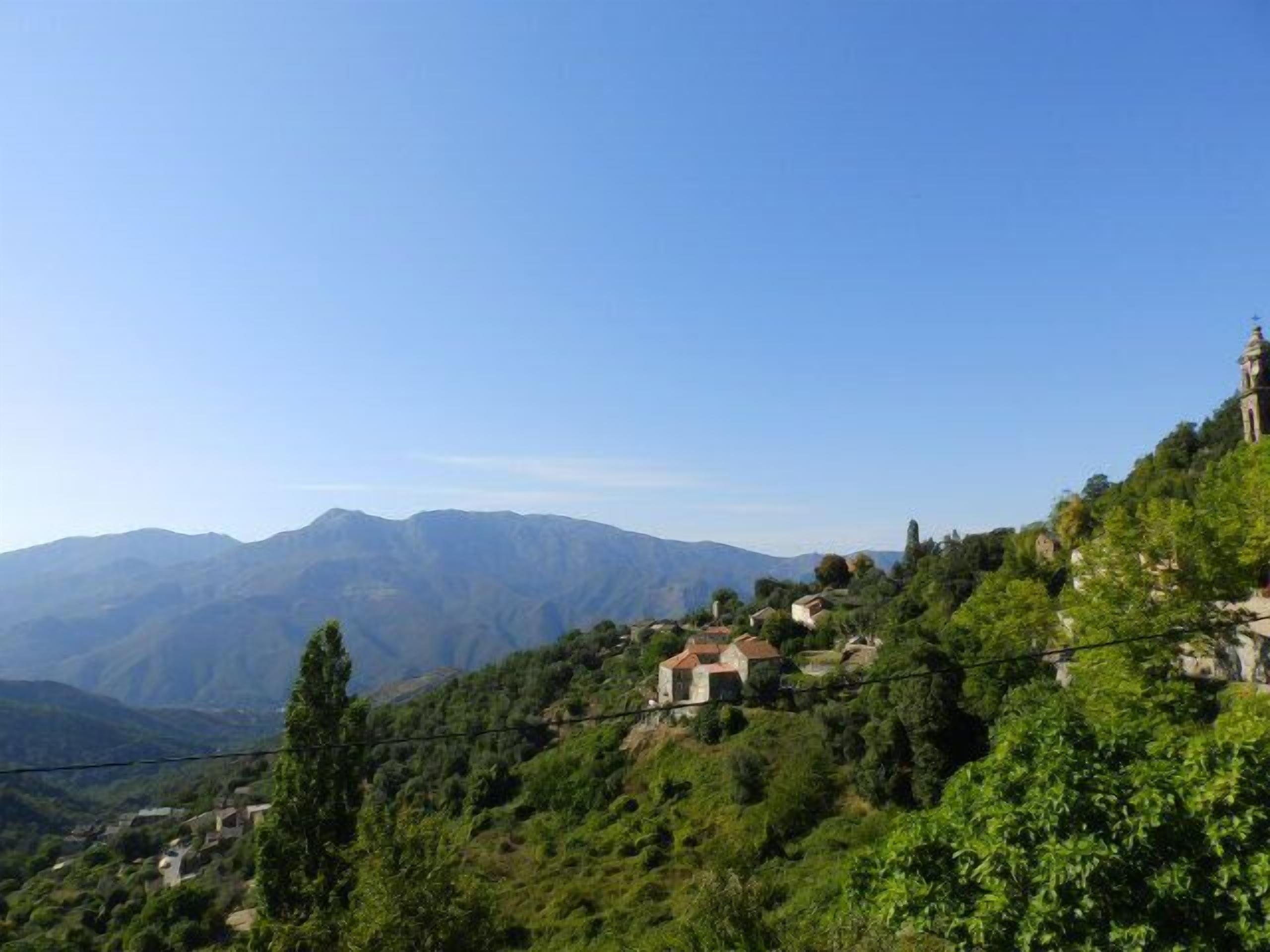 A mountainous landscape with a few buildings nestled among the trees.