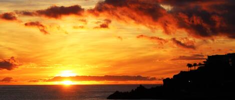 A sunset over a coastal area with a silhouette of a building and palm trees.