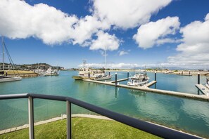A marina with boats docked at piers, a clear sky, and a grassy area in the foreground.