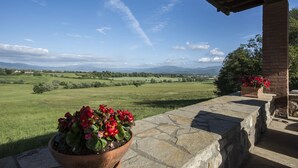 A stone balcony overlooking a green field with a clear sky. - Il Nido di Gabbiano (Scarperia e San Piero)