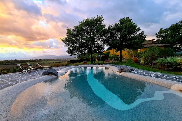 Seasonal outdoor pool, pool loungers