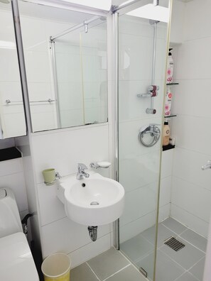 Deluxe Duplex | Bathroom | Shower, free toiletries, hair dryer, slippers