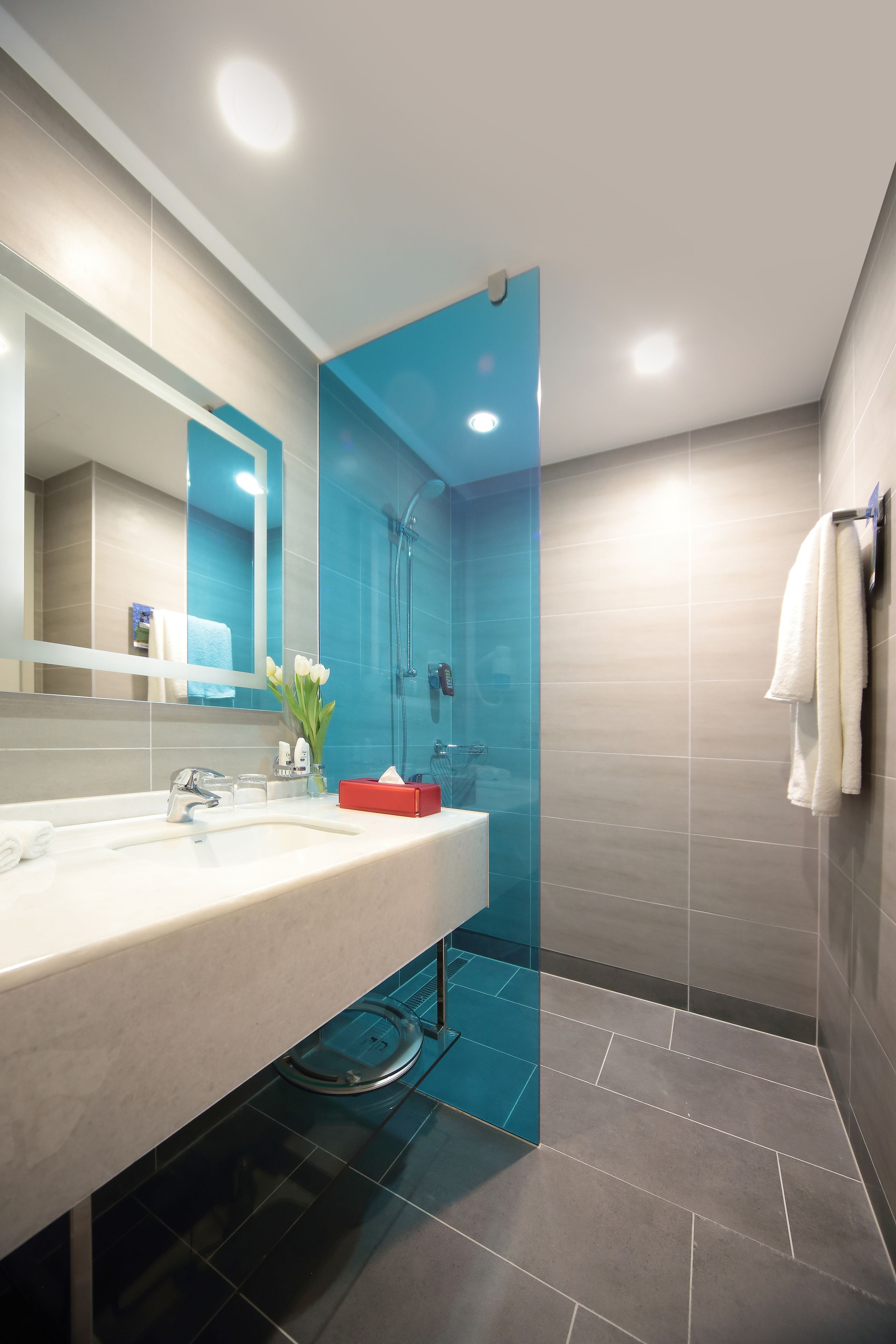 Shower, rainfall showerhead, free toiletries, hair dryer