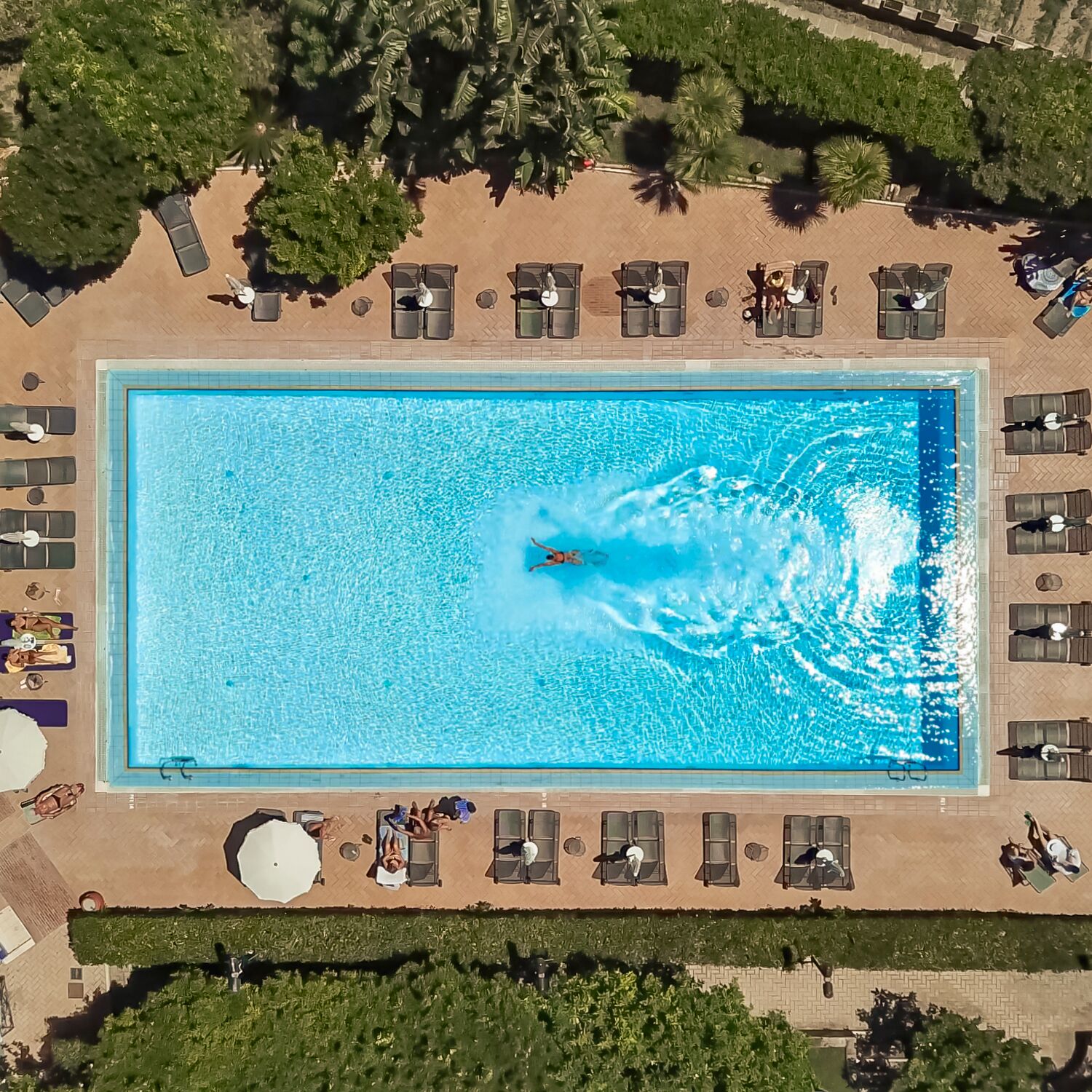 An aerial view of a rectangular swimming pool with clear blue water, surrounded by lounge chairs and umbrellas.