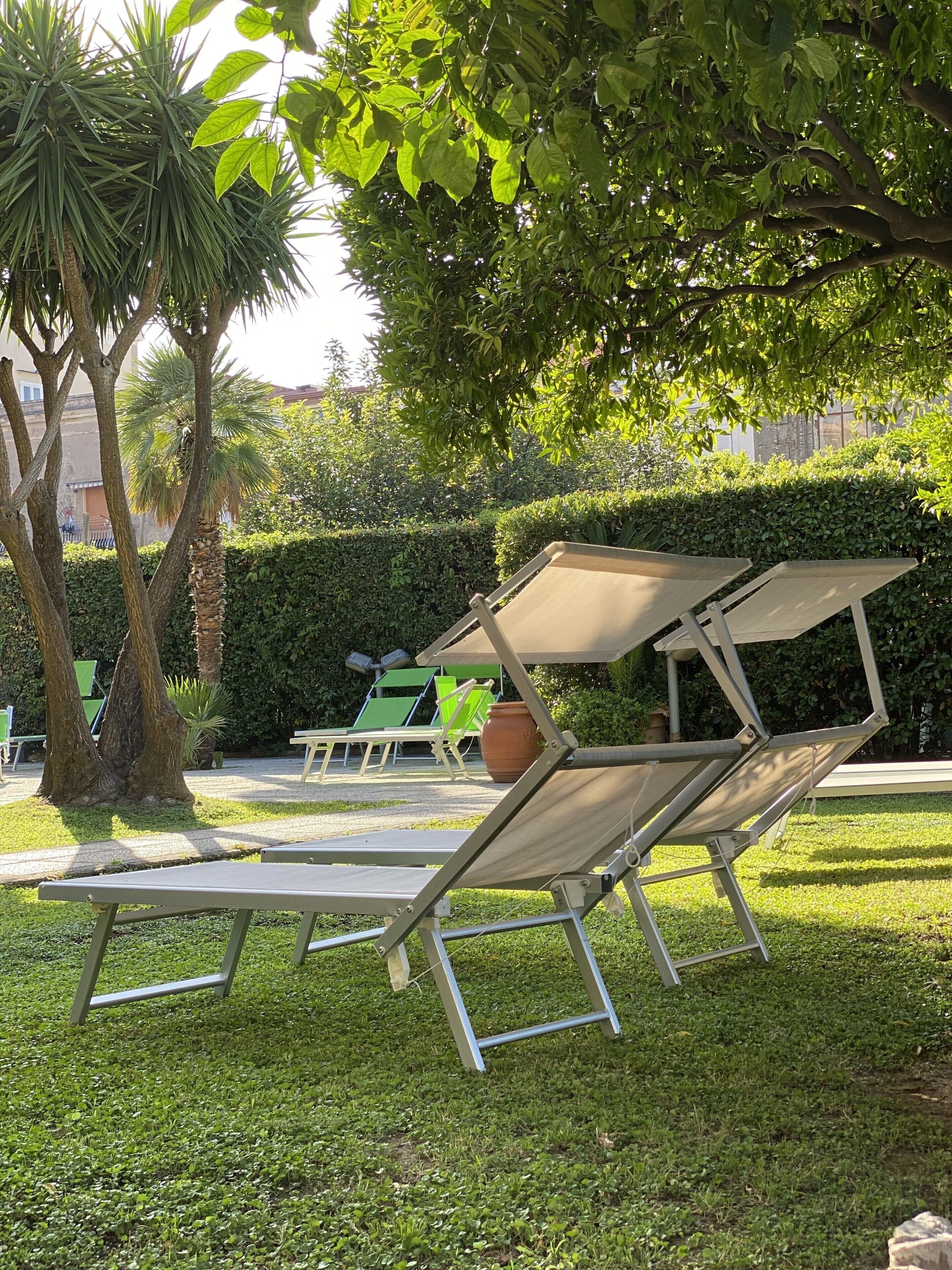 Sillones de exterior con toldo, rodeados de follaje y setos.