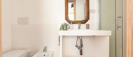 A bathroom with a white sink, a mirror, a bidet, and a shower.