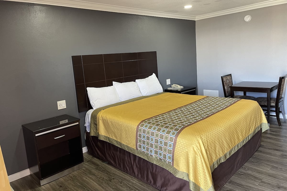 A hotel room with a large bed, a bedside table, a chair, and a desk.