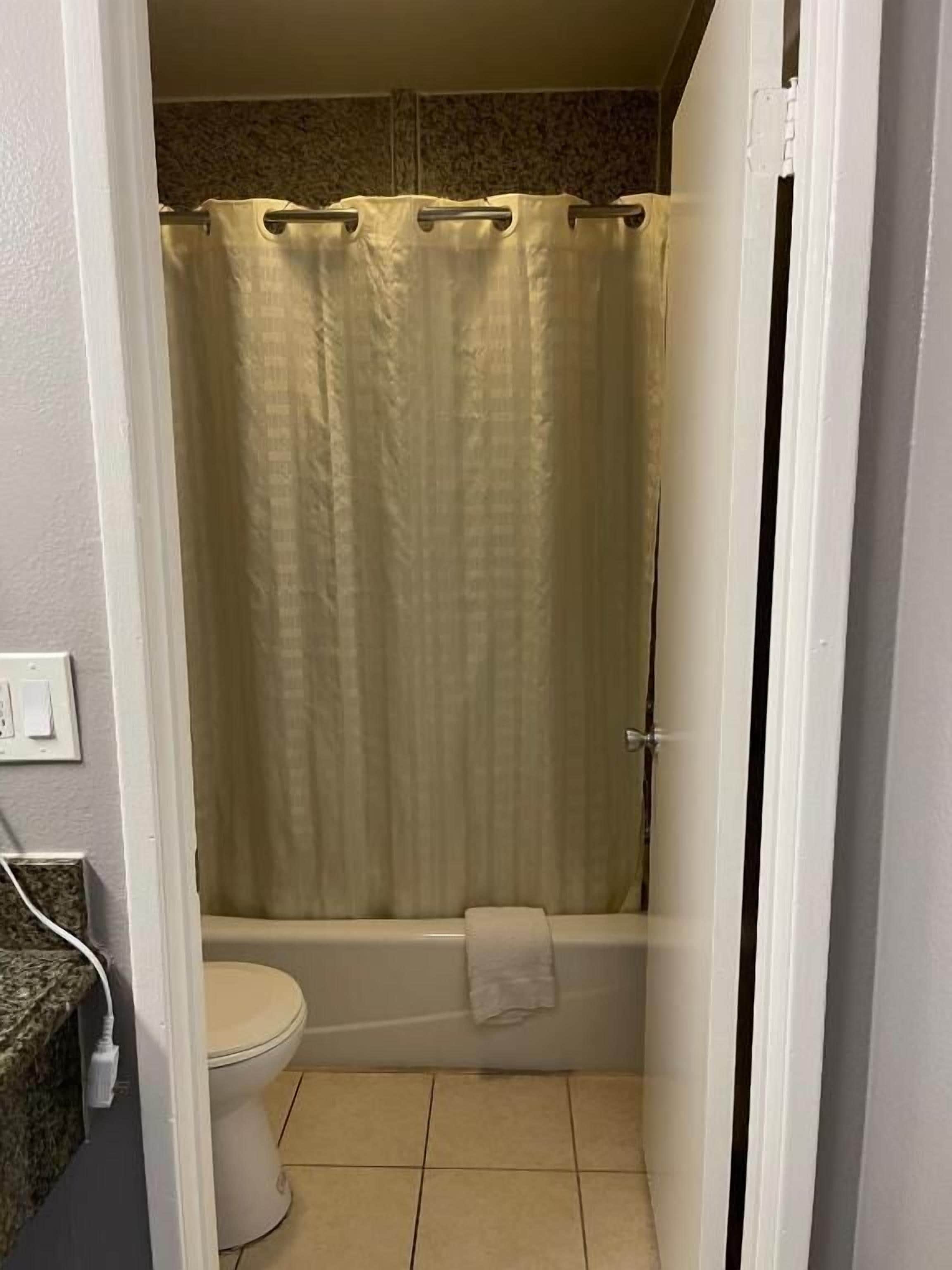 A bathroom with a toilet, bathtub, and shower curtain.