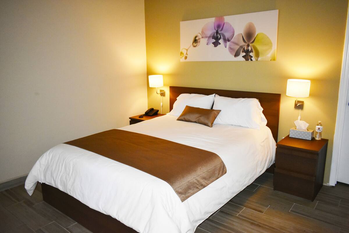 A hotel room with a large bed, two bedside tables with lamps, a nightstand with a phone, and a wall-mounted artwork.