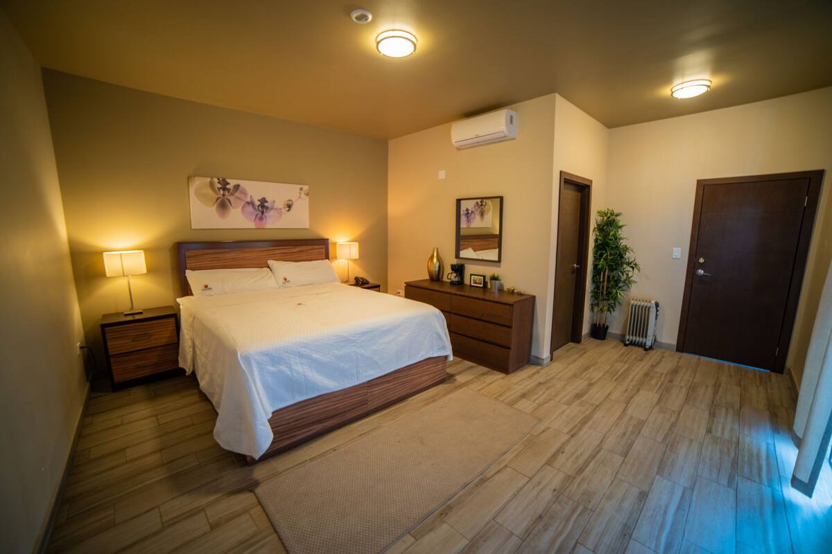 A bedroom with a large bed, bedside tables with lamps, a dresser, a potted plant, and a radiator.