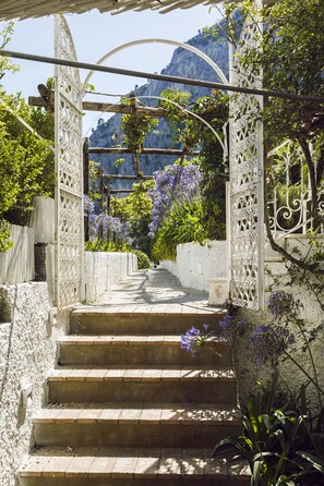 A set of stone steps leading up to a white gate with intricate metalwork, surrounded by lush greenery and flowering plants. - Suite Time Capri Villa La Pergola (Capri)