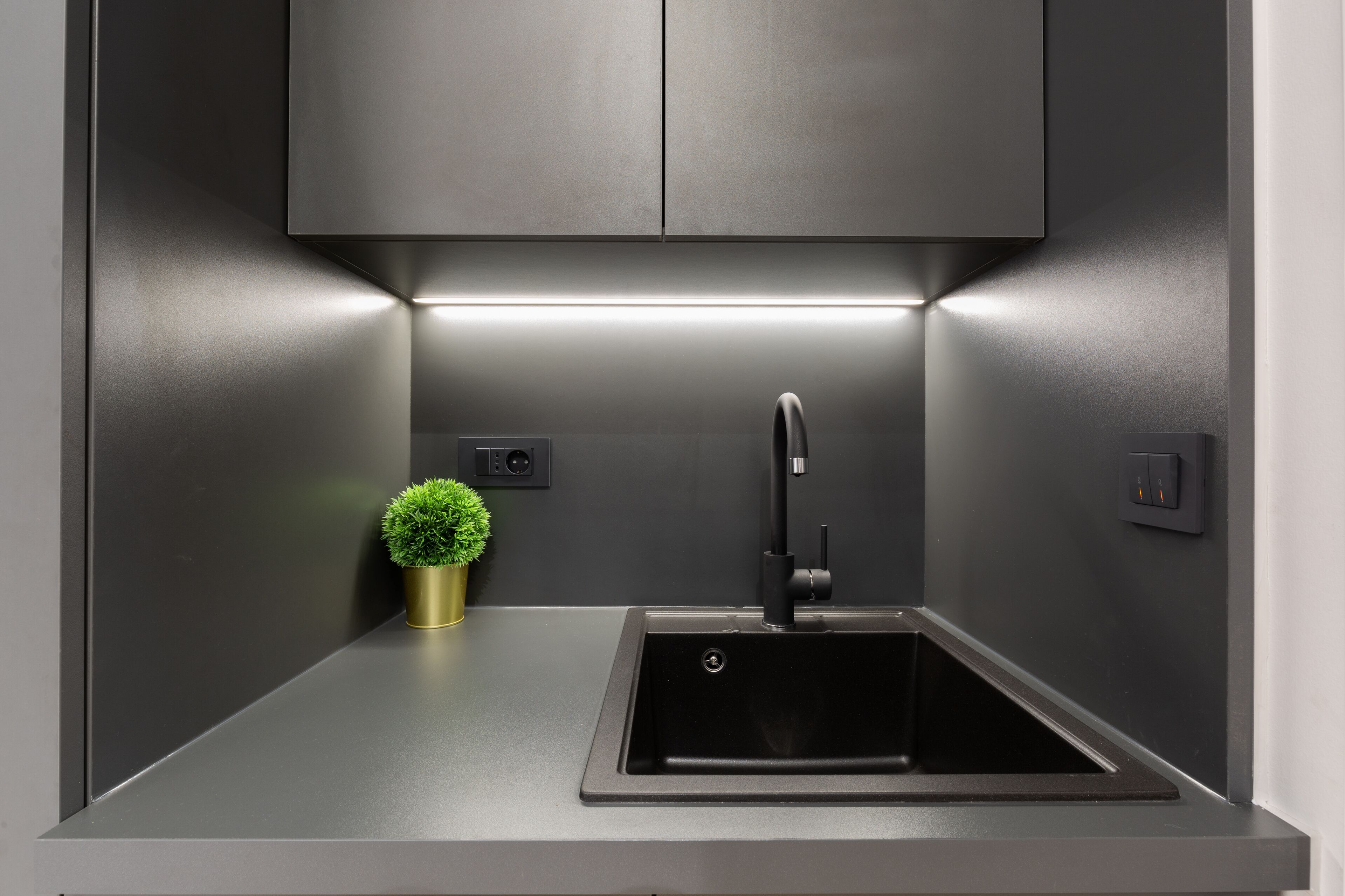 A modern kitchen with a stainless steel sink, a black faucet, and a small potted plant on the countertop.
