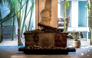 Un coffre en bois rustique orné d’un emblème sculpté, entouré d’éléments naturels tels que des feuilles de palmier et une plante en pot.