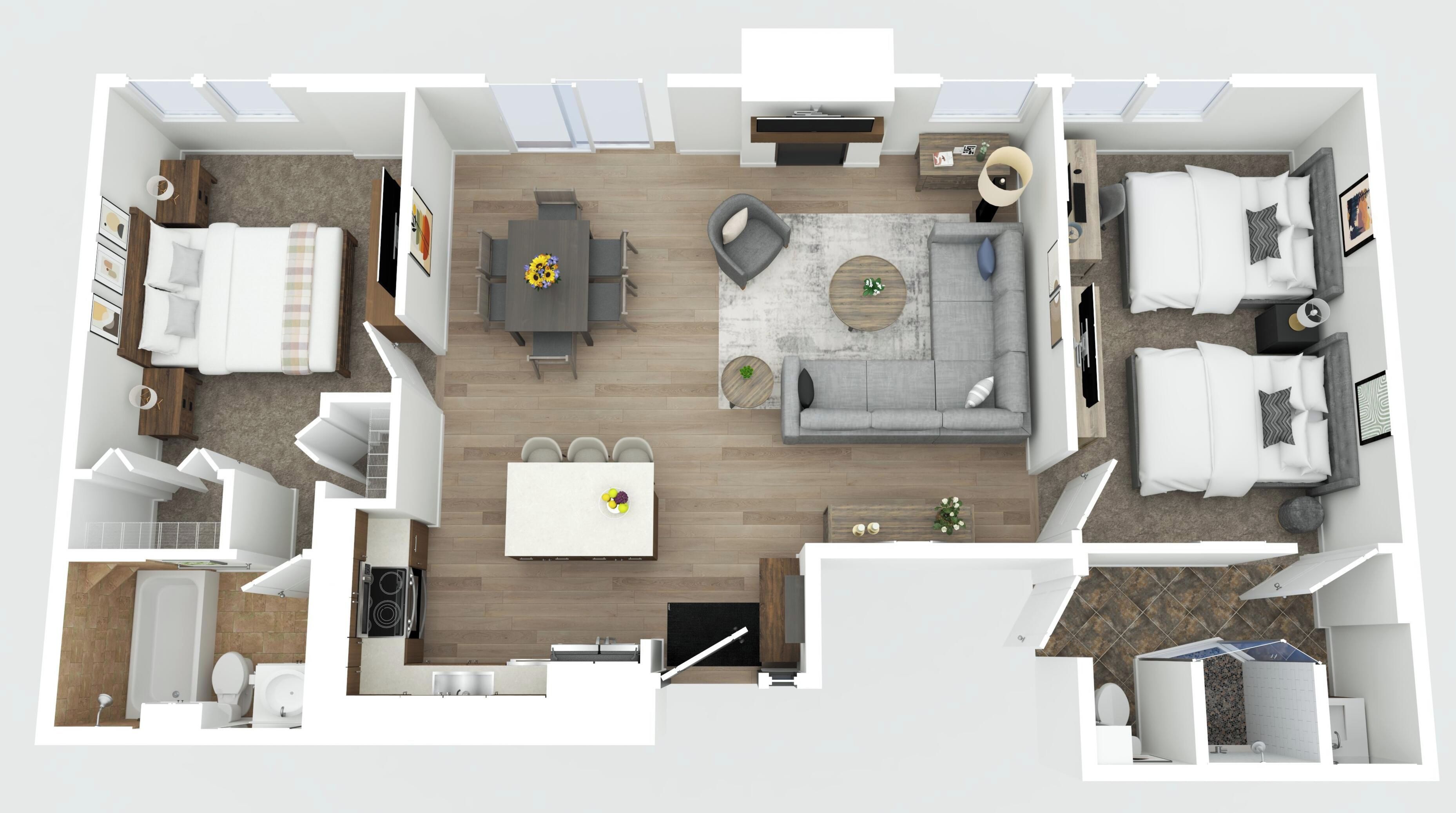 Plan d’étage d’un appartement moderne comprenant un salon, un coin repas, deux chambres et une salle de bain.