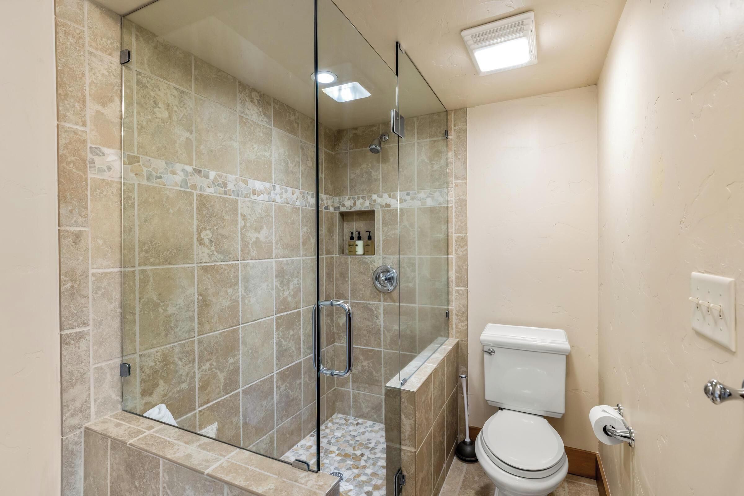 A bathroom with a glass-enclosed shower, a toilet, and a small shelf with toiletries.