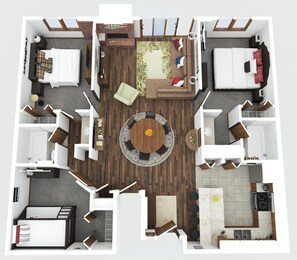 A top-down view of a modern apartment with a central living area, two bedrooms, a bathroom, and a kitchen.