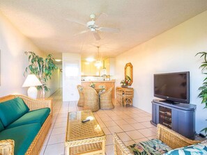 TV, DVD player - Mellow Vibe Suite w/Island Decor, Kitchen Ease, Lanai, WiFi, AC–Kamaole Sands 4305 (KIHEI)