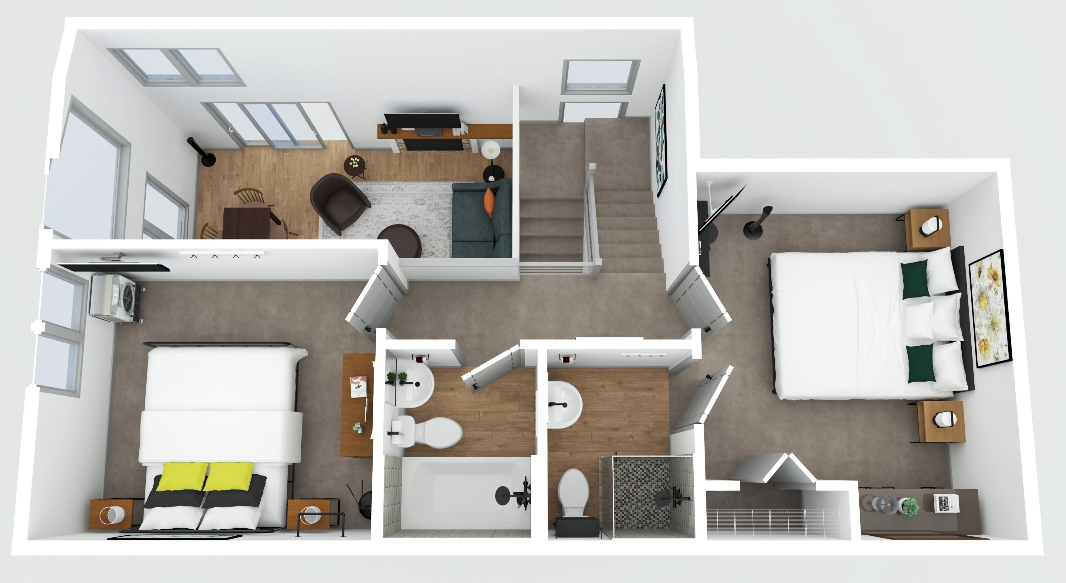 Planta baixa 3D de um quarto de hotel, mostrando uma cama, uma mesa, uma cadeira, um banheiro e uma escada.