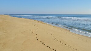 A beach with footprints leading to the water.