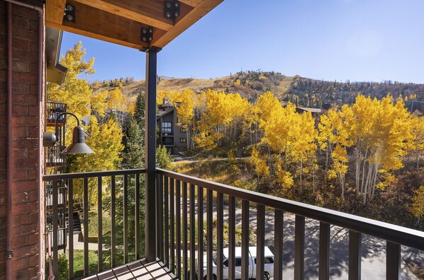 A balcony with a view of a mountainous landscape and autumn foliage.