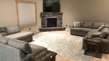 Smart TV, fireplace, video games, DVD player