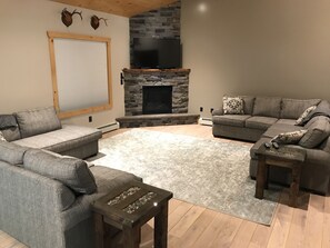 Smart TV, fireplace, video games, DVD player