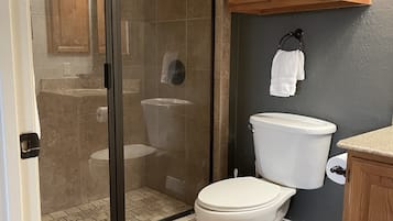 Shower, hair dryer, towels, toilet paper