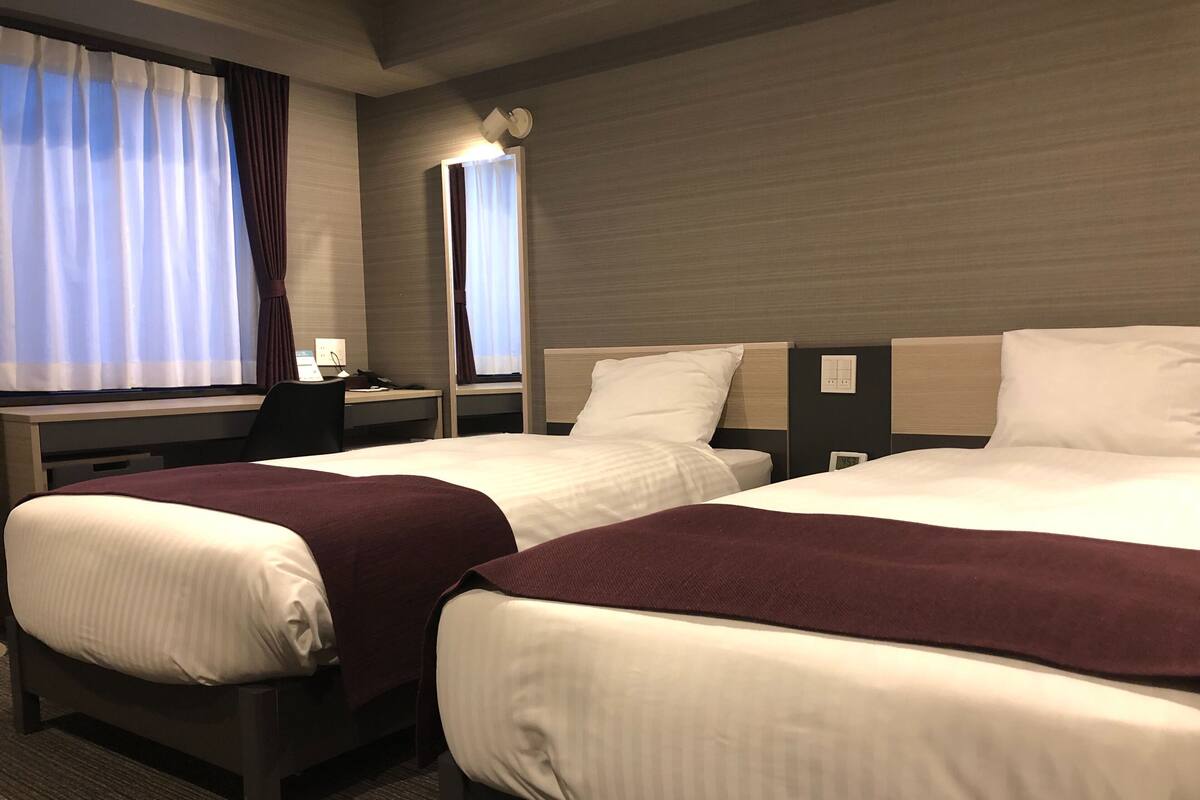 Habitación de hotel con dos camas individuales, un escritorio, una silla, un espejo y una ventana con cortinas.
