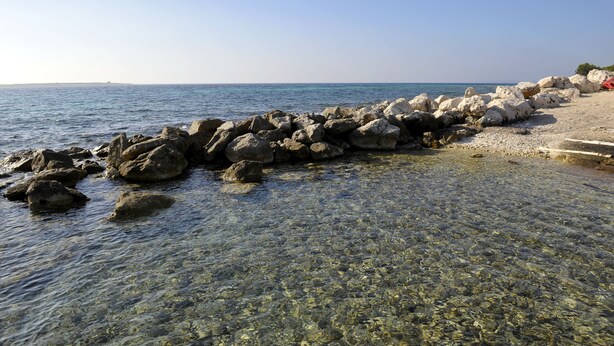 A rocky shoreline with clear water and a distant view of the sea.
