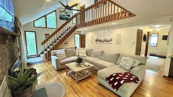 Smart TV, fireplace, video games, DVD player