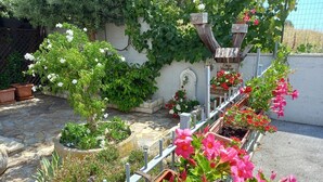 Un jardin sur le toit, agrémenté de diverses plantes et fleurs en pot, d’une treille en bois et d’un mur blanc en arrière-plan.