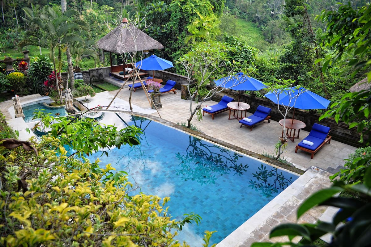A pool area with lounge chairs and umbrellas, surrounded by lush greenery.