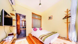 Un dormitorio con una cama, televisión, suelo de madera, ventana y puerta.