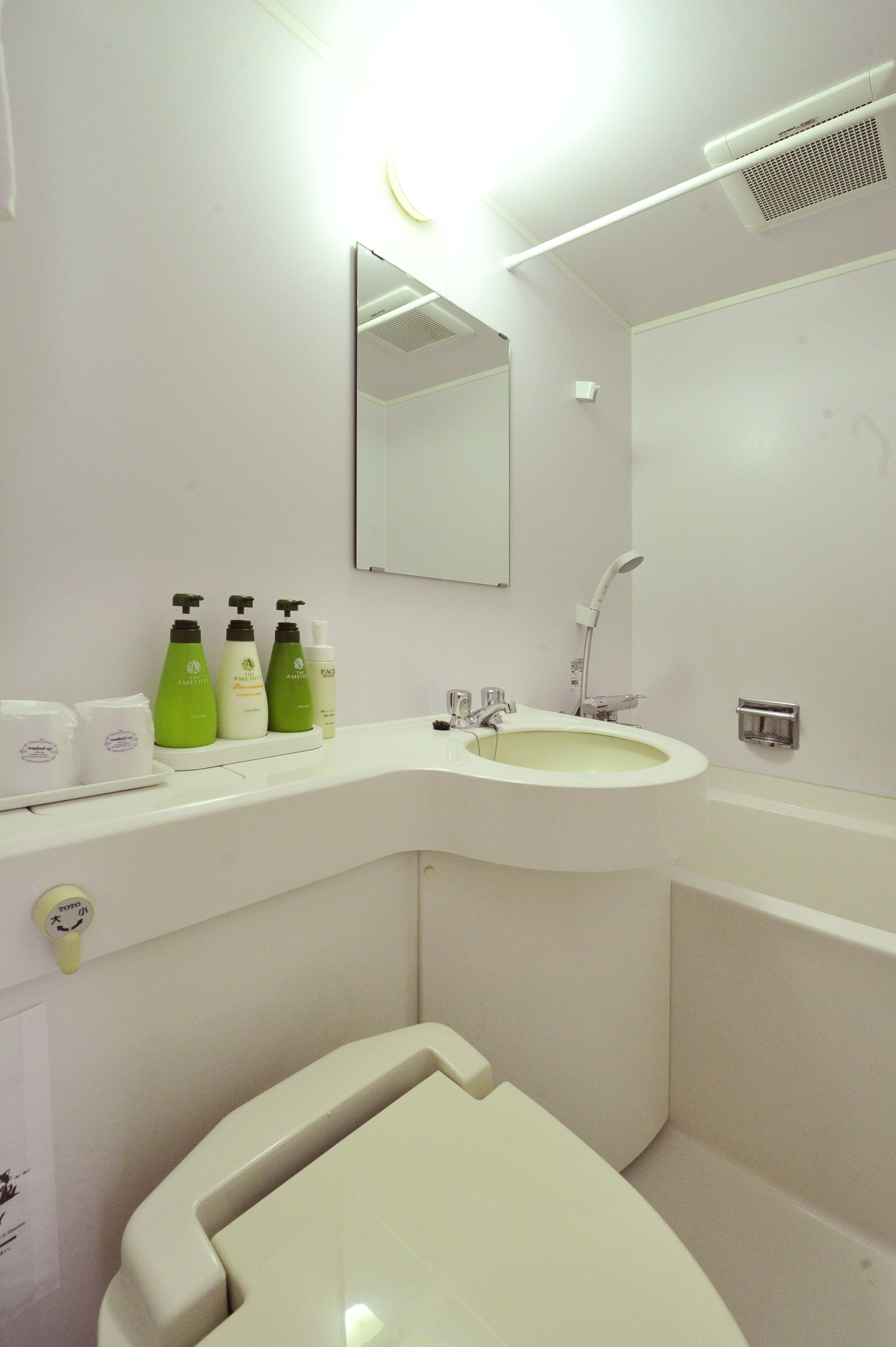 combined shower/bathtub, free toiletries, hair dryer, slippers