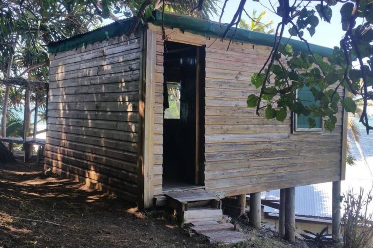 Una cabaña de madera pequeña con una sola puerta y un ventanal, rodeada de árboles.