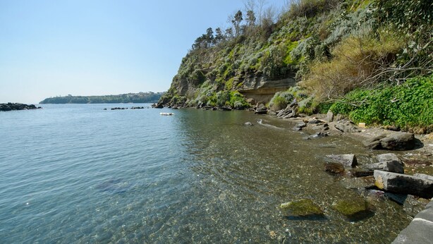 A clear coastal view with rocky shoreline and calm water. - Loft Open Space in Corricella (Procida)