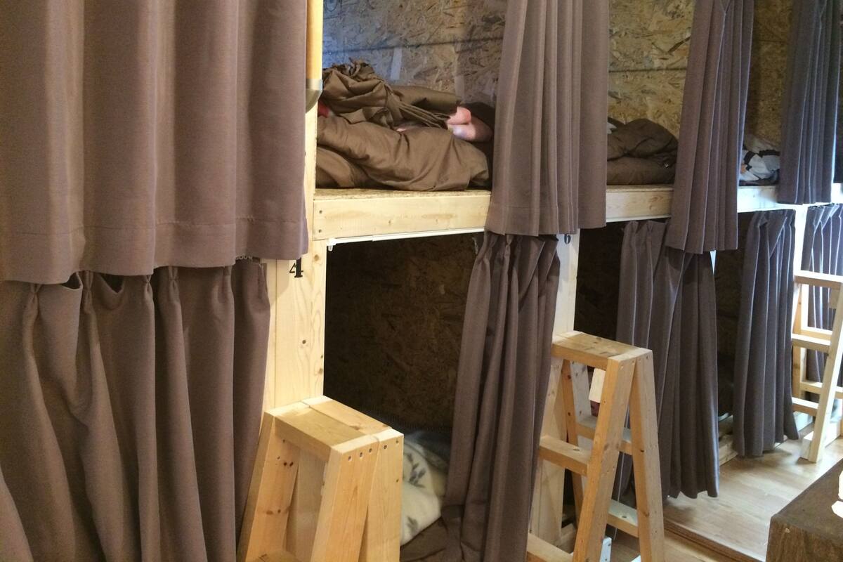 A rustic room with wooden bunk beds, each with a curtain. A wooden ladder is visible.