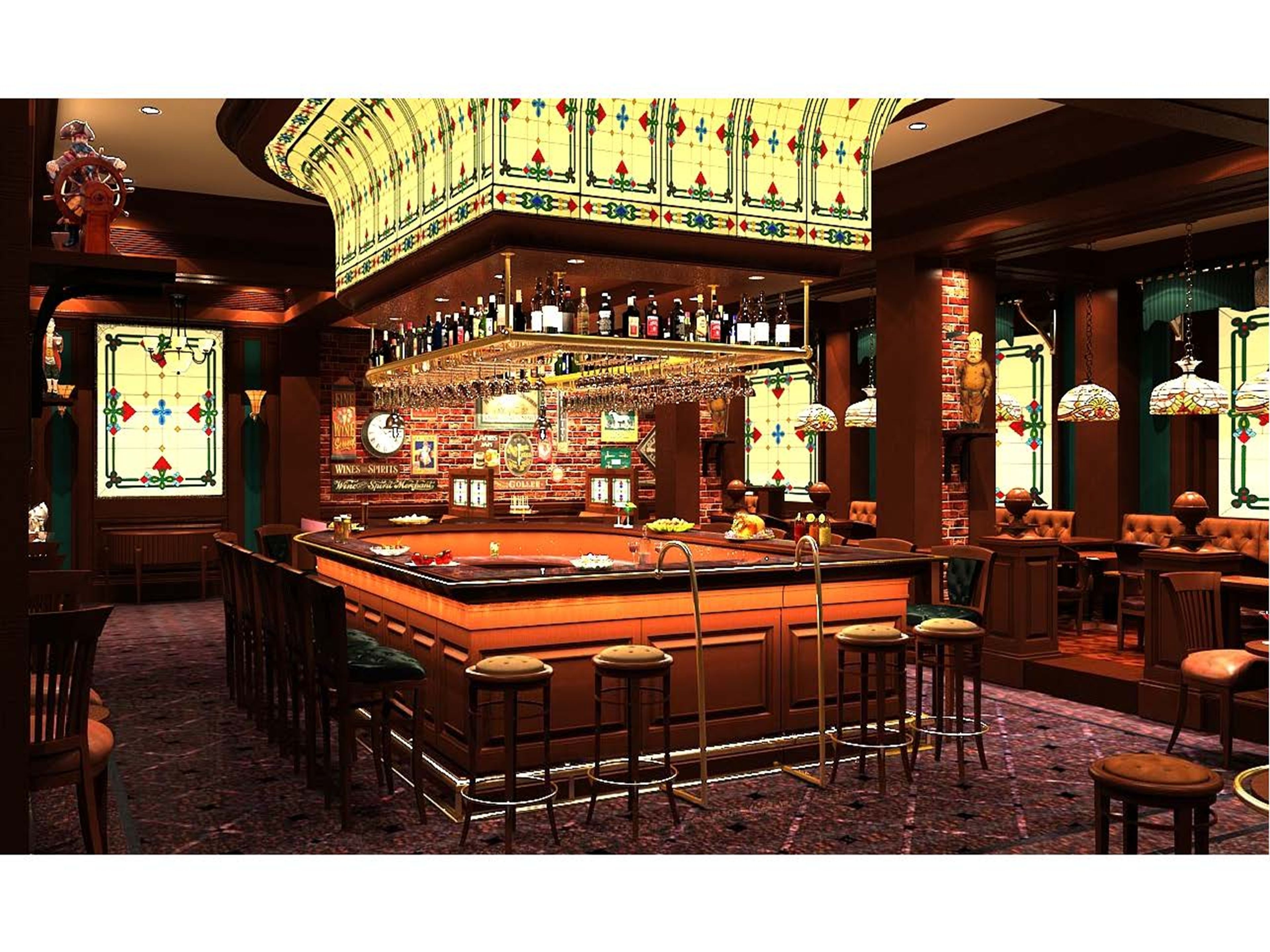 A bar area with a high bar counter, stools, and a variety of bottles and glasses.