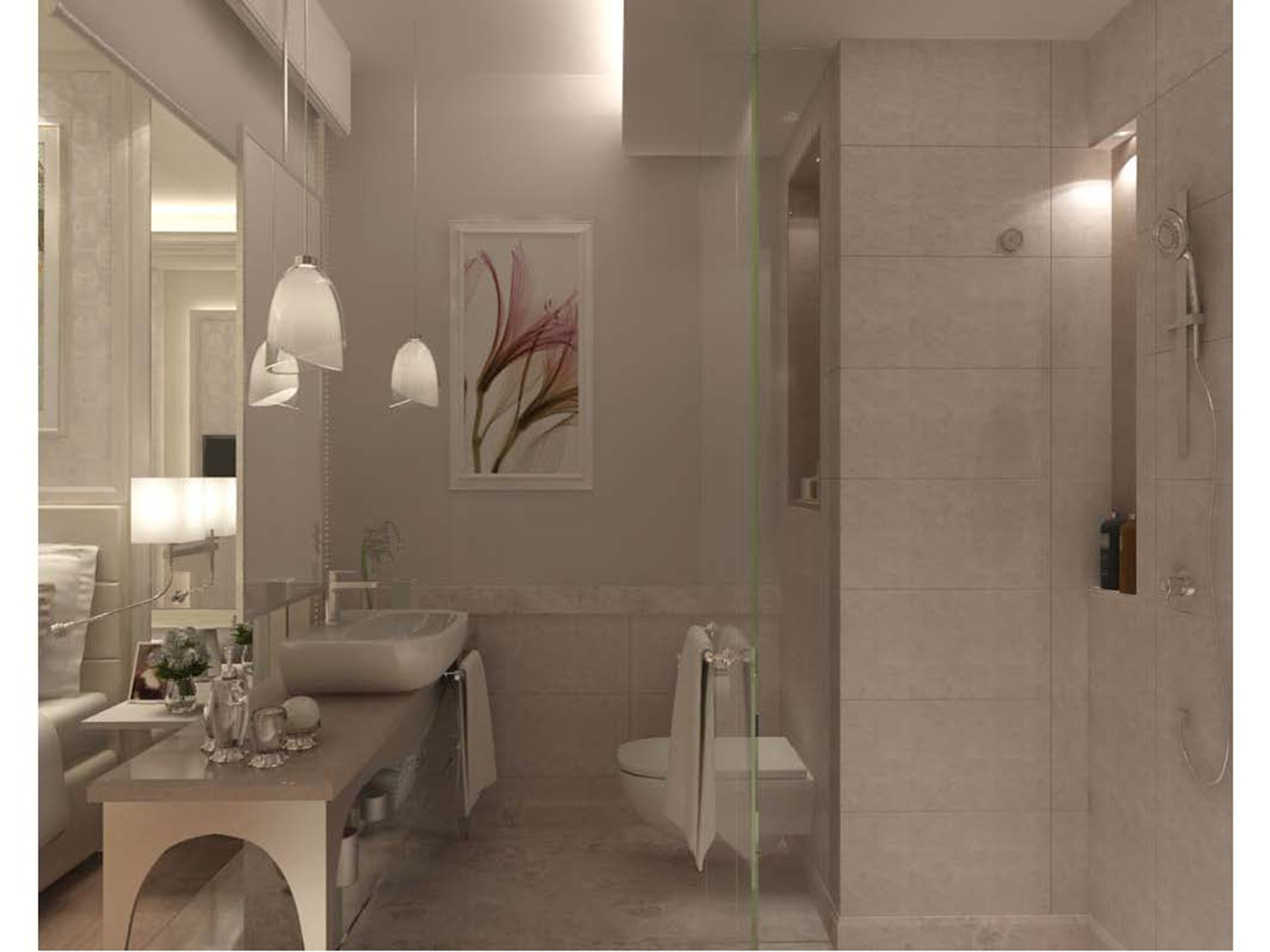A modern bathroom with a glass-enclosed shower, a large mirror, and a vanity with a sink and towel rack.