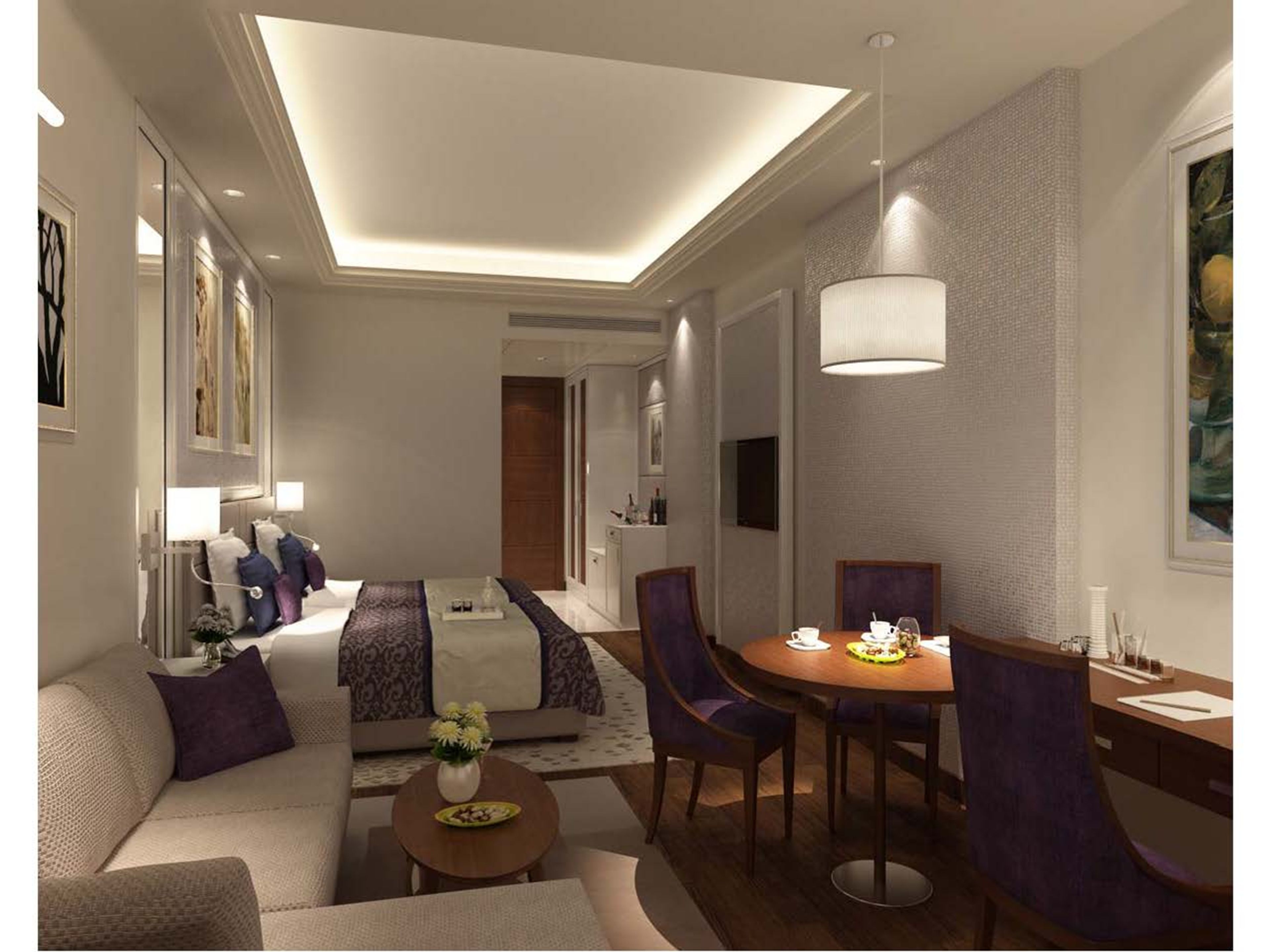 A modern hotel room with a living area, dining space, and a large window.