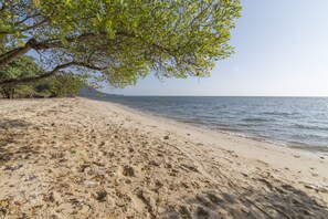 En sandstrand med ett träd som ger skugga, fri sikt över havet och en kustlinje som syns på avstånd.