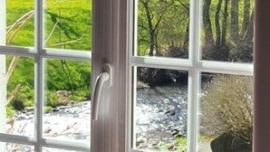 Une vue à travers une fenêtre à carreaux, dévoilant un paysage naturel avec de la végétation, un ruisseau et des rochers.