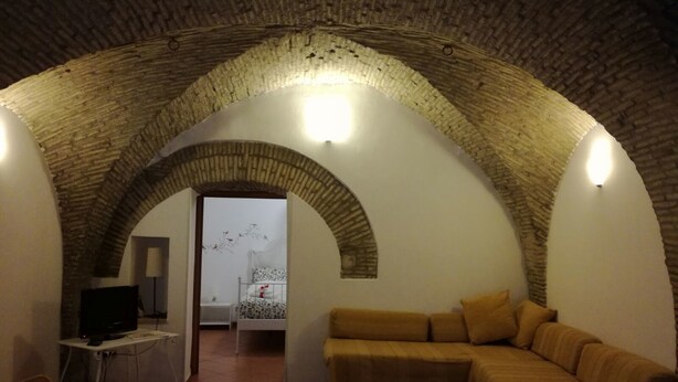 A cozy room with a brick ceiling, a sofa, a television, and a bed. - Svegliarsi nei Borghi - La Patronale (Troia)