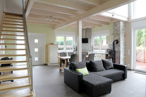 Télévision, cheminée, lecteur de DVD, livres