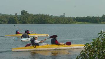 Un grupo de personas remando en canoas en un lago tranquilo con una orilla boscosa.