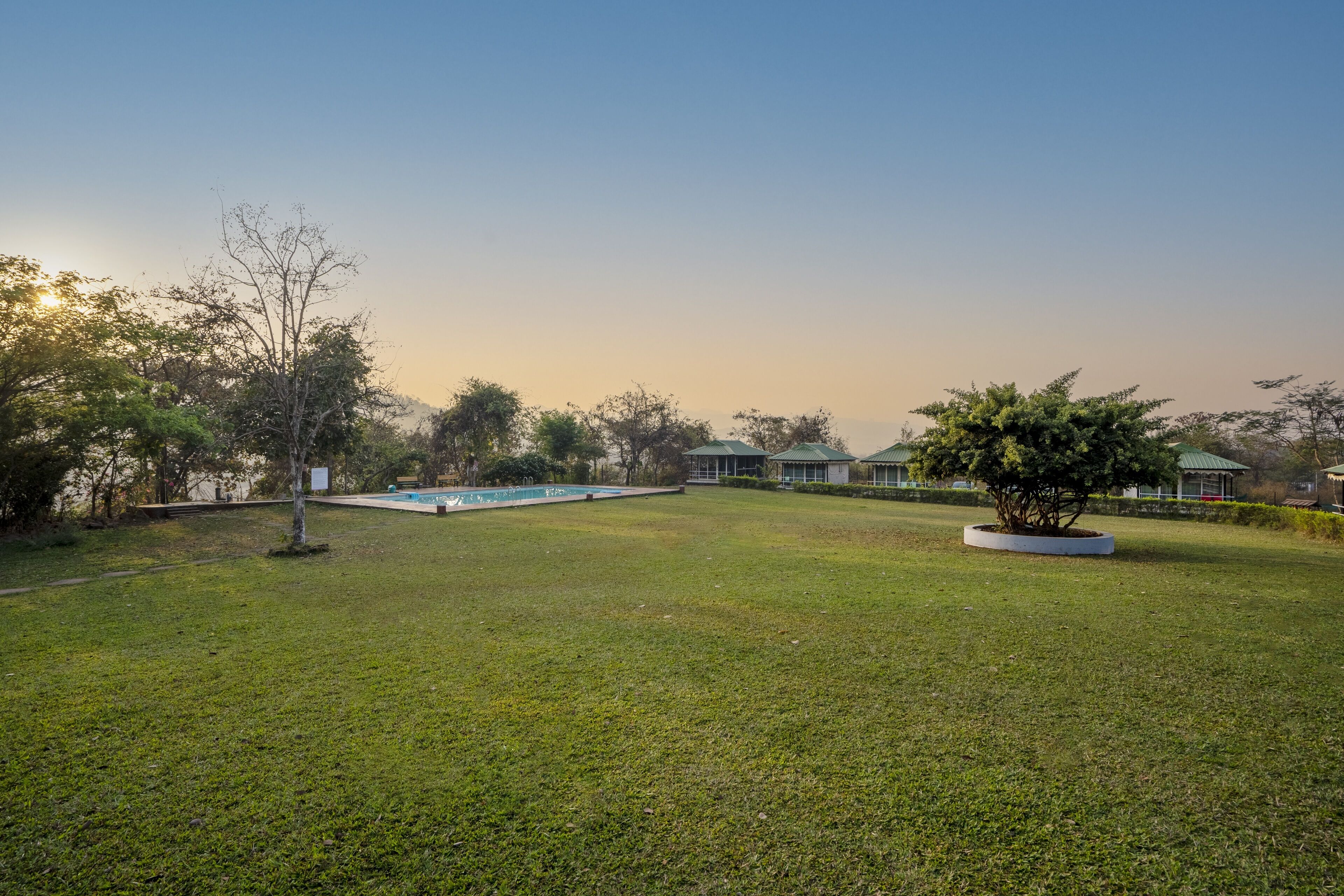 A grassy area with a swimming pool, trees, and a building with a green roof.