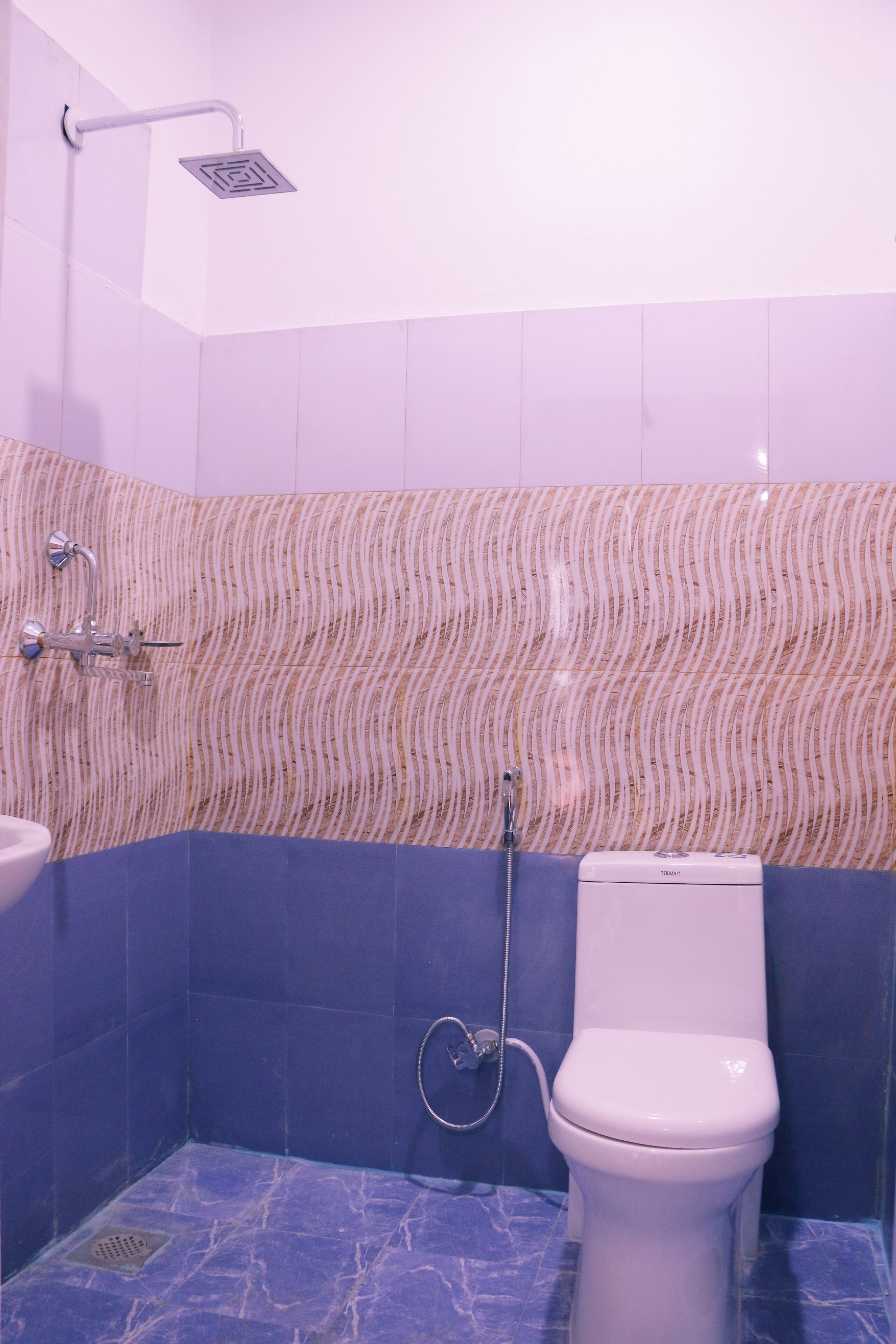 A bathroom with a toilet, a shower, and a sink.
