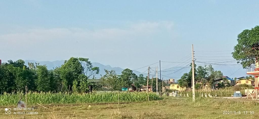 A rural landscape with fields, trees, and distant mountains.