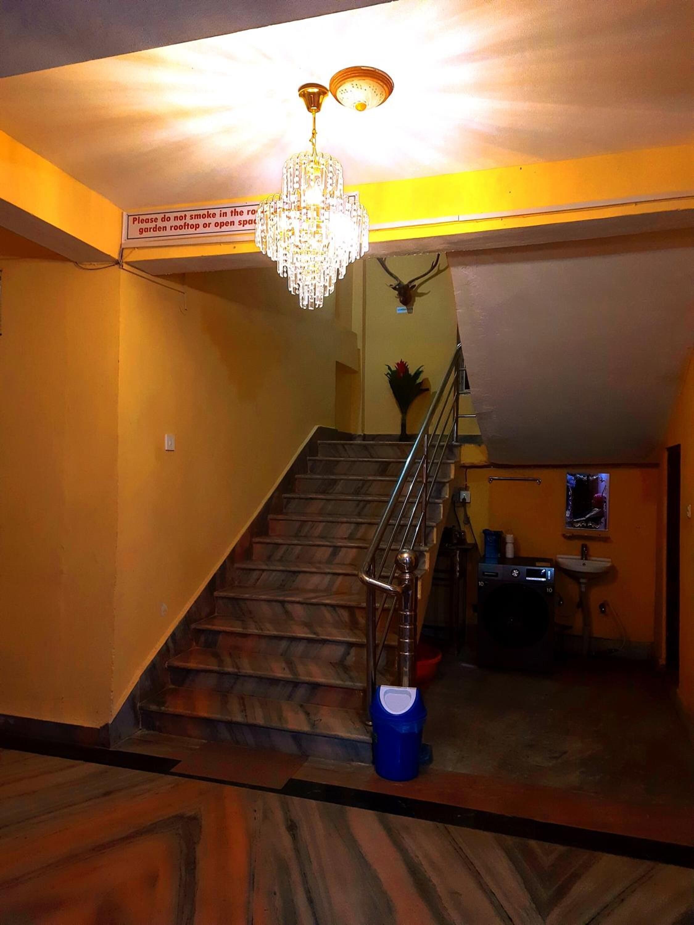 Una escalera con una araña, un adorno con cabeza de ciervo y un cartel que prohíbe fumar.